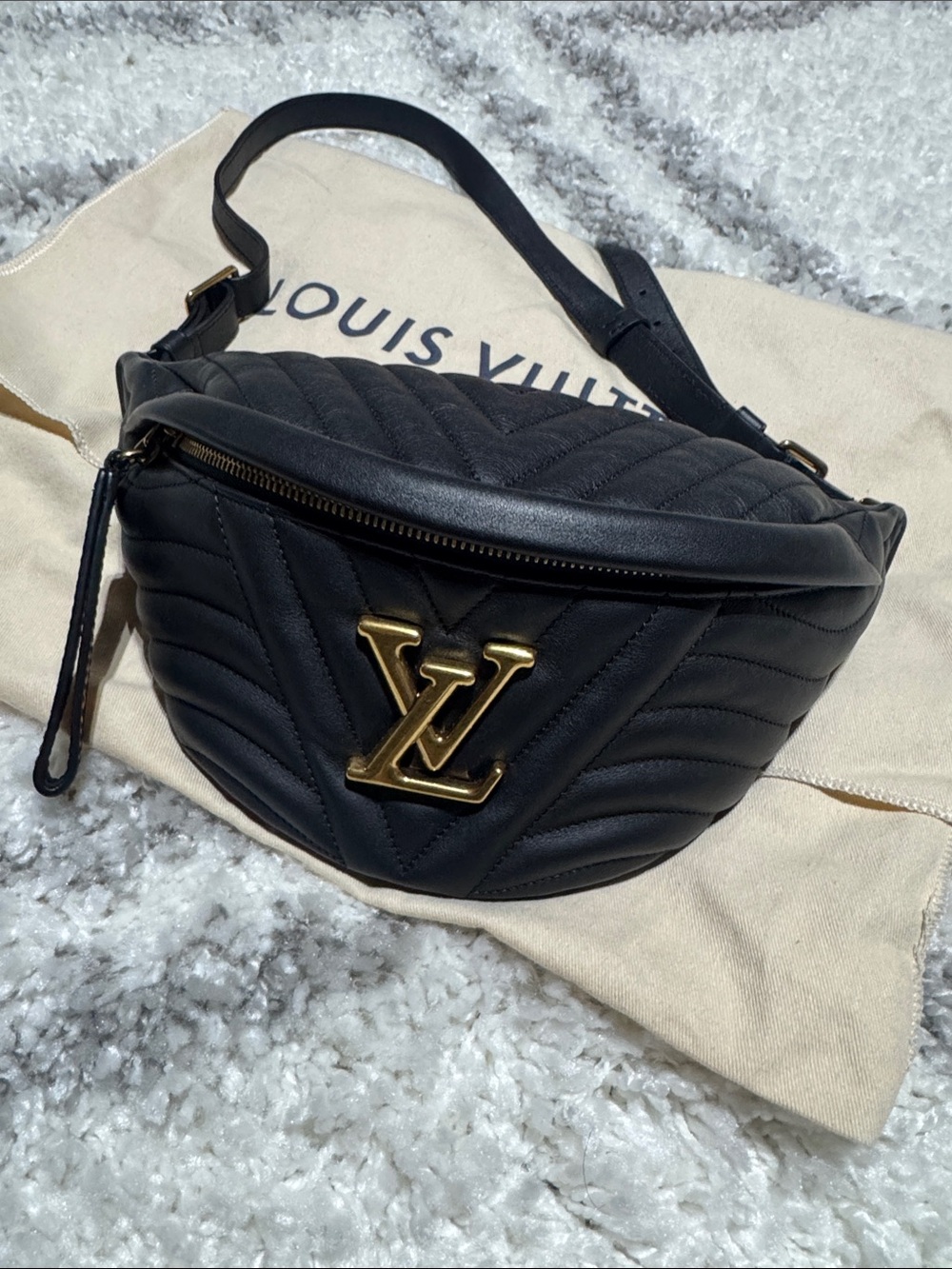 Louis Vuitton new wave bumbag Black calfskinLeather Belt Bag with Gold LV Emblem